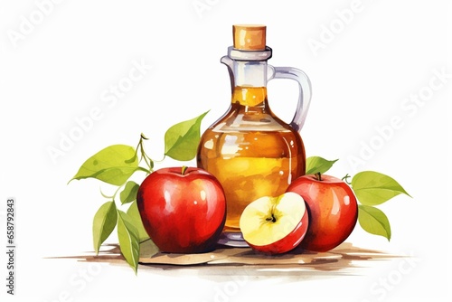 Illustration of vinegar with apple and bottle on white. Generative AI