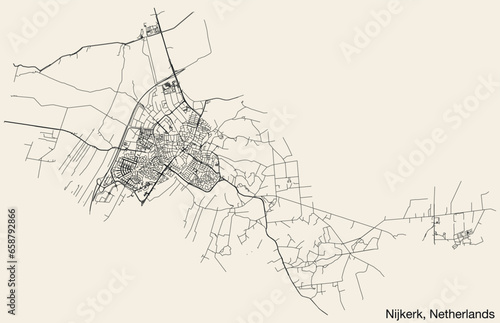 Detailed hand-drawn navigational urban street roads map of the Dutch city of NIJKERK, NETHERLANDS with solid road lines and name tag on vintage background