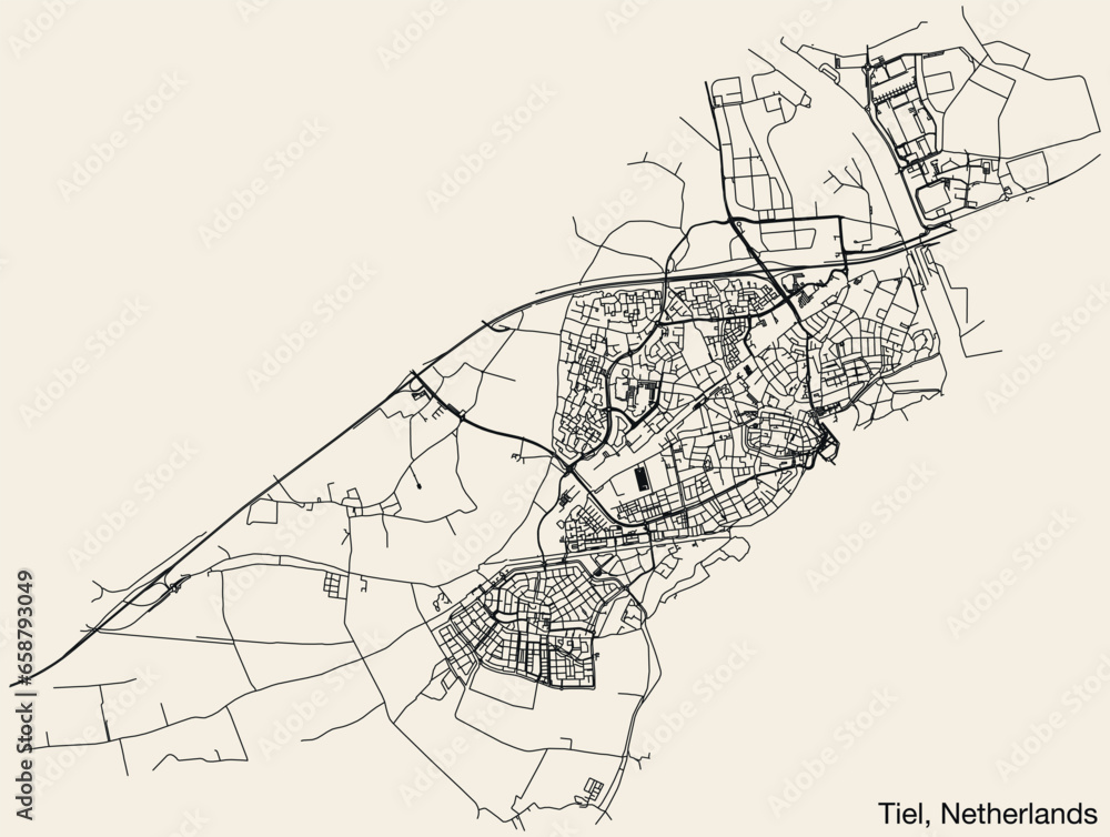 Detailed hand-drawn navigational urban street roads map of the Dutch city of TIEL, NETHERLANDS with solid road lines and name tag on vintage background