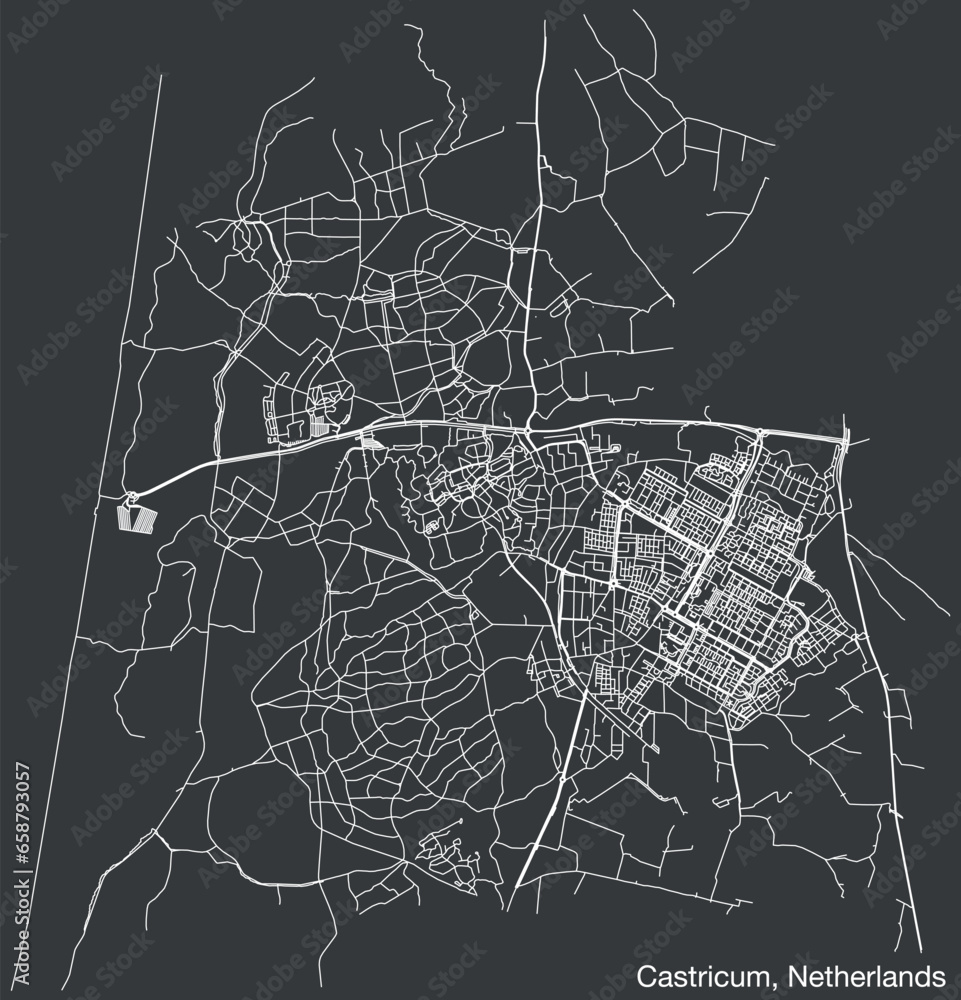 Detailed hand-drawn navigational urban street roads map of the Dutch city of CASTRICUM, NETHERLANDS with solid road lines and name tag on vintage background
