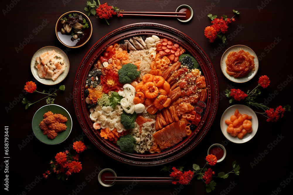 Lunar New Year Feast, Traditional Chinese Delicacies on a Festive Red Background