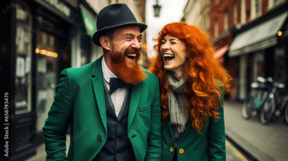 Family of Irish senior people dressed for celebration of St. Patrick's Day on city street. 60yo Love story Family of Irish senior people dressed for celebration of St. Patrick's Day on city street. 60yo Love story