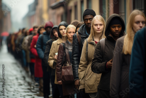 A group of people queuing for limited job opportunities, illustrating the competitive nature of the job market in poverty-stricken areas. Concept of unemployment. Generative Ai. © Sebastian