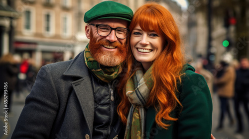 Family of Irish senior people dressed for celebration of St. Patrick's Day on city street. 60yo Love story