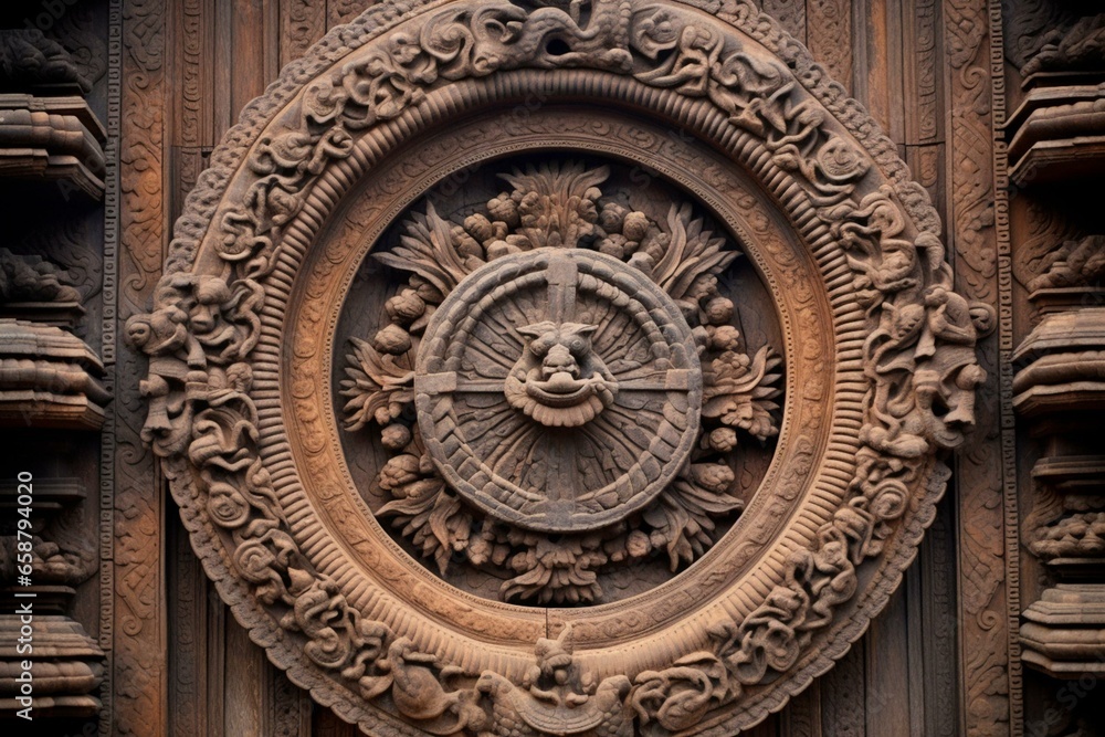 Wooden door of temple adorned with lotus wood carving. Generative AI