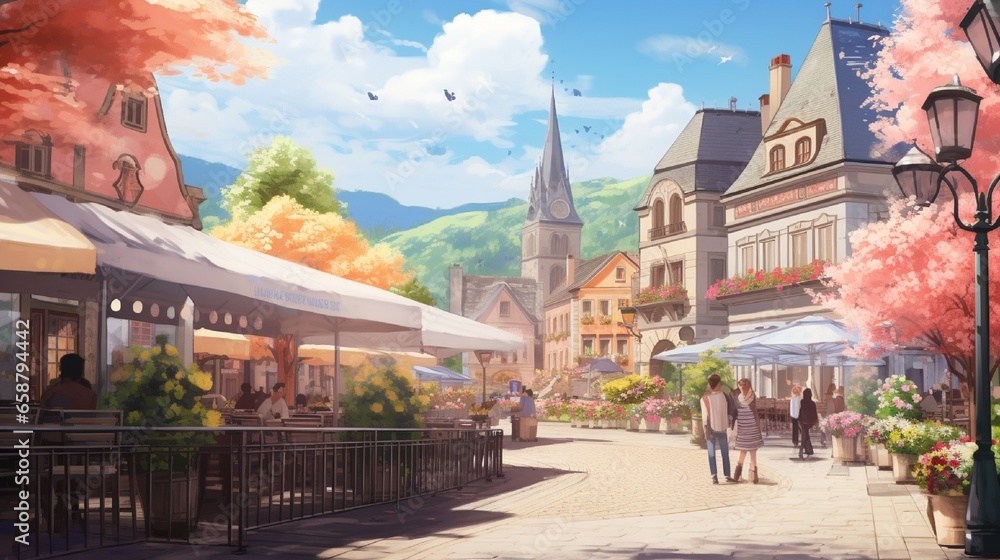 A charming European village square in spring, lined with pastel-colored buildings, outdoor cafes, and locals enjoying the sunshine