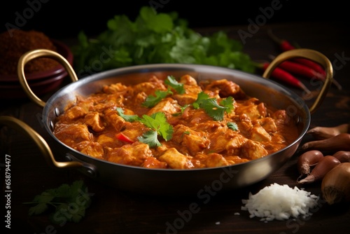 Flavorful Indian chicken curry served in a traditional balti dish. Generative AI