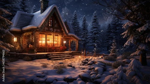 A cozy cabin in the woods during winter, surrounded by a blanket of snow, with a warm fire crackling inside and the soft glow of lanterns in the windows © Abdul