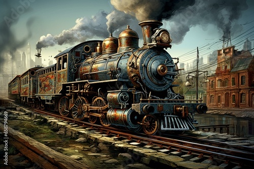 Humorous steam locomotive traversing urban area - artwork aimed at kids. Generative AI