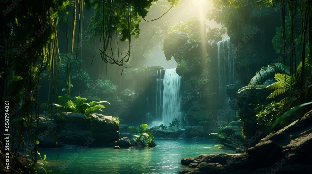 A lush waterfall hidden deep within a tropical rainforest, sunlight filtering through the canopy to create a mystical, emerald-green ambiance - obrazy, fototapety, plakaty 