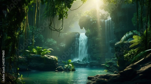A lush waterfall hidden deep within a tropical rainforest, sunlight filtering through the canopy to create a mystical, emerald-green ambiance