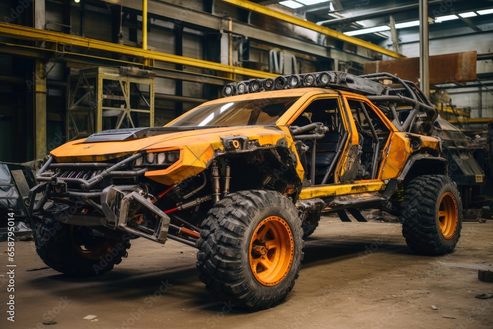 A muscular car transformed into a construction site powerhouse. A muscular car transformed into a construction site powerhouse.
