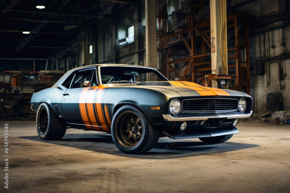 A vintage muscle car reimagined as a construction site workhorse.