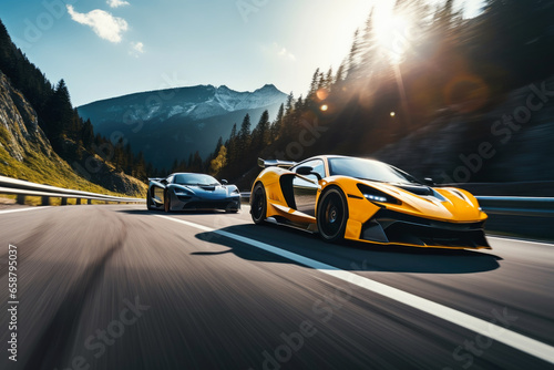 Two fast cars in a race on a mountain road.