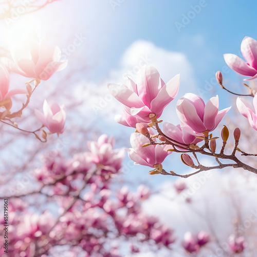 Magnolia tree blossom in spring time. Beautiful nature scene with blooming flowers.