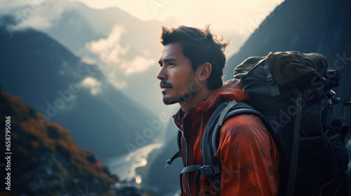 Happy young man standing on mountain in foggy weather