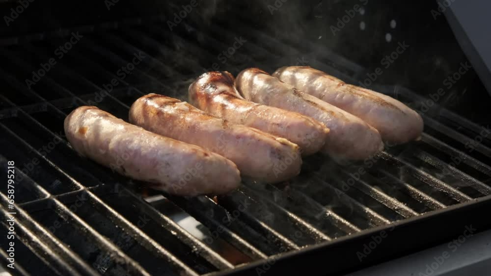 Grill sausage on a Charcoal barbecue grill with a fire. Slow motion view Close up shot. Grill sausage on a Charcoal barbecue grill with a fire. Slow motion view Close up shot.