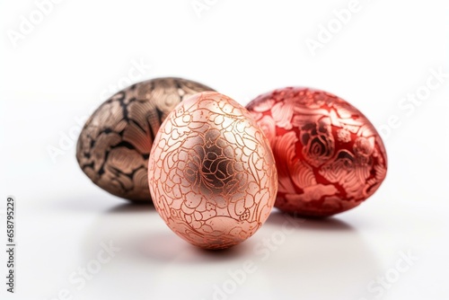 Partially unwrapped chocolate Easter eggs with patterned rose gold and red foil, isolated on white background. Generative AI