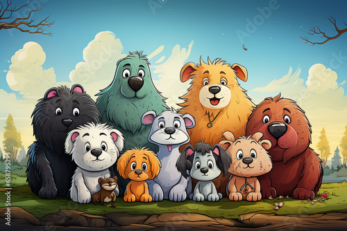 Fototapeta Naklejka Na Ścianę i Meble -  Charming cartoon illustration celebrating World Animal Day, featuring adorable animals in a playful, heartwarming scene, colorful and joyful
