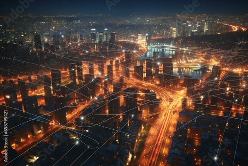 City at night with illuminated connections and urban lights. Generative AI