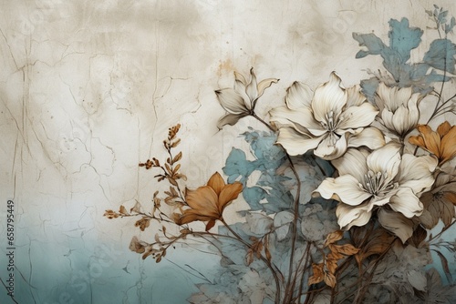 Artistic depiction of abstract flowers on a background of pastel gray and turquoise colors, with elements of foliage and dried plants on crumpled paper. Generative AI