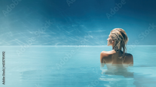 Woman At Luxury Resort On Romantic Summer Vacation. People Relaxing In Edge Swimming Pool Water  Enjoying Beautiful Sea View.