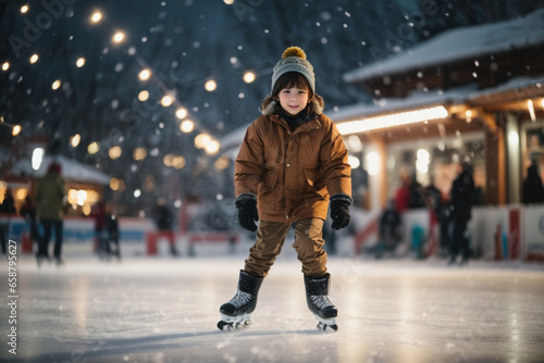 Selective focus view of cute little boy at outdoor rink wearing hat and brown coat, with other skaters in soft focus background 