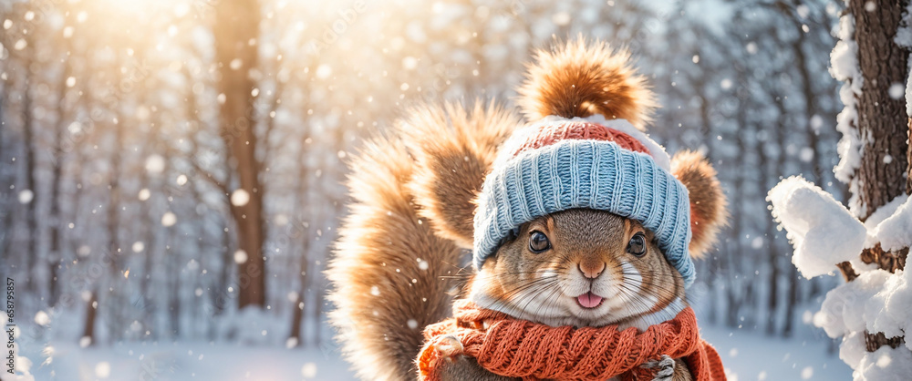 Cute cartoon squirrel in a winter clearing Cute cartoon squirrel in a winter clearing