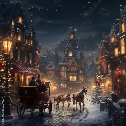 Winter fairy-tale village in a snowy night. 3D illustration.