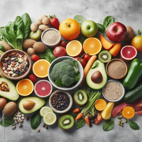 Healthy colorful and appetizing assortment of fruits, vegetables, and nuts on a grey background.