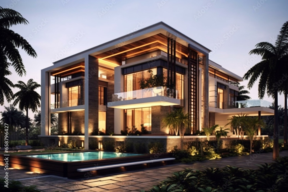 Contemporary mansion showcasing opulent design and exquisite craftsmanship. Generative AI