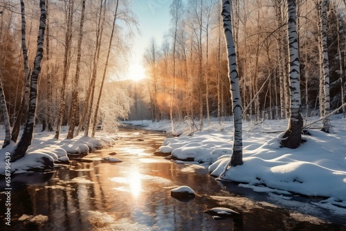 wintertime river with sunlight passing through naked birch trees. Generative AI