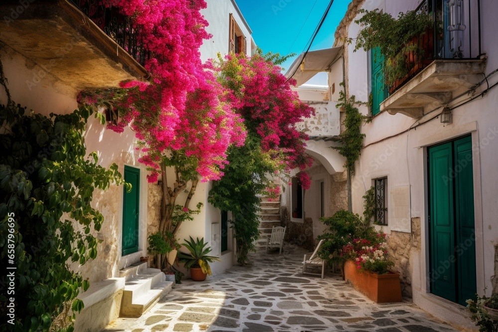 A charming village in Greece with colorful houses and beautiful bougainvillea flowers. Generative AI