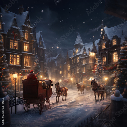 Winter fairy-tale village in a snowy night. 3D illustration.