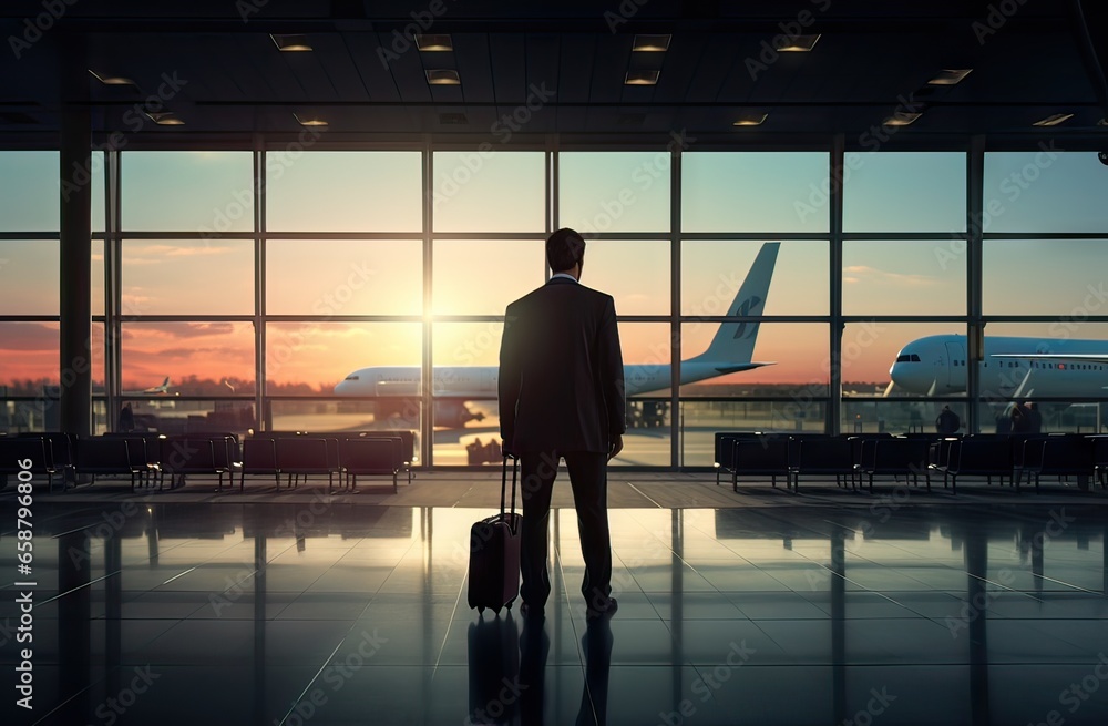 businessman at the airport terminal waiting for the plane, travel concept