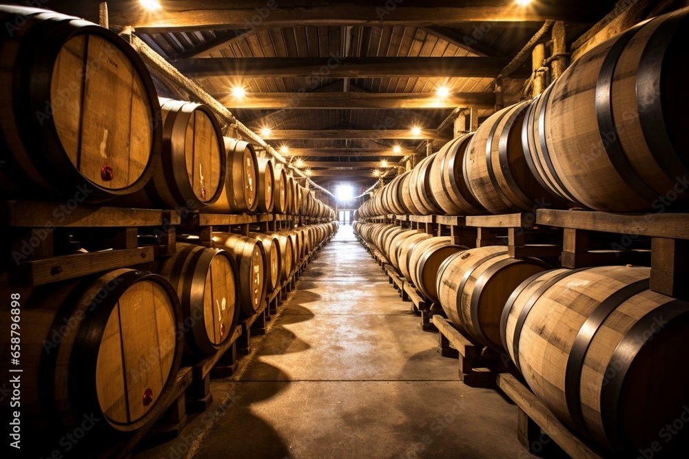 Storage of alcoholic beverages in oak barrels. Generative AI