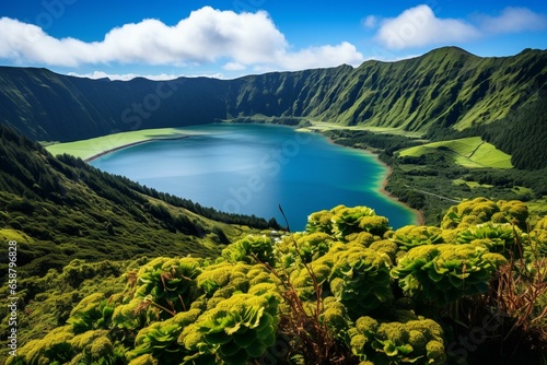 Vegetated crater hill by turquoise blue water lagoa do fogo, São Miguel - Azores, Portugal. Generative AI photo