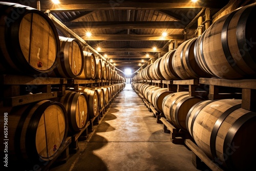 Storage of alcoholic beverages in oak barrels. Generative AI photo