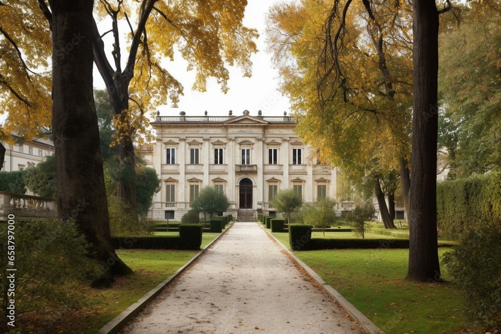 A tree-lined path leading to a classical-style building in an ancient setting. Generative AI