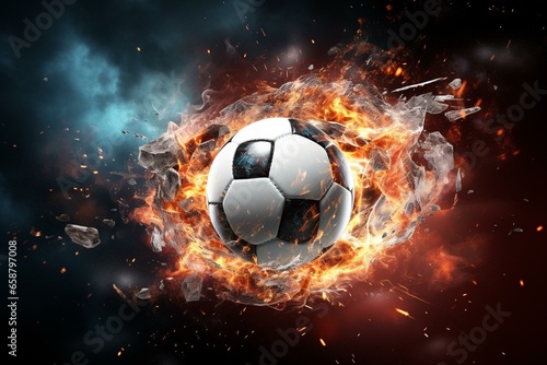 Crashing soccer ball with particles. 3D illustration. High-quality rendering. Generative AI © Zephyr