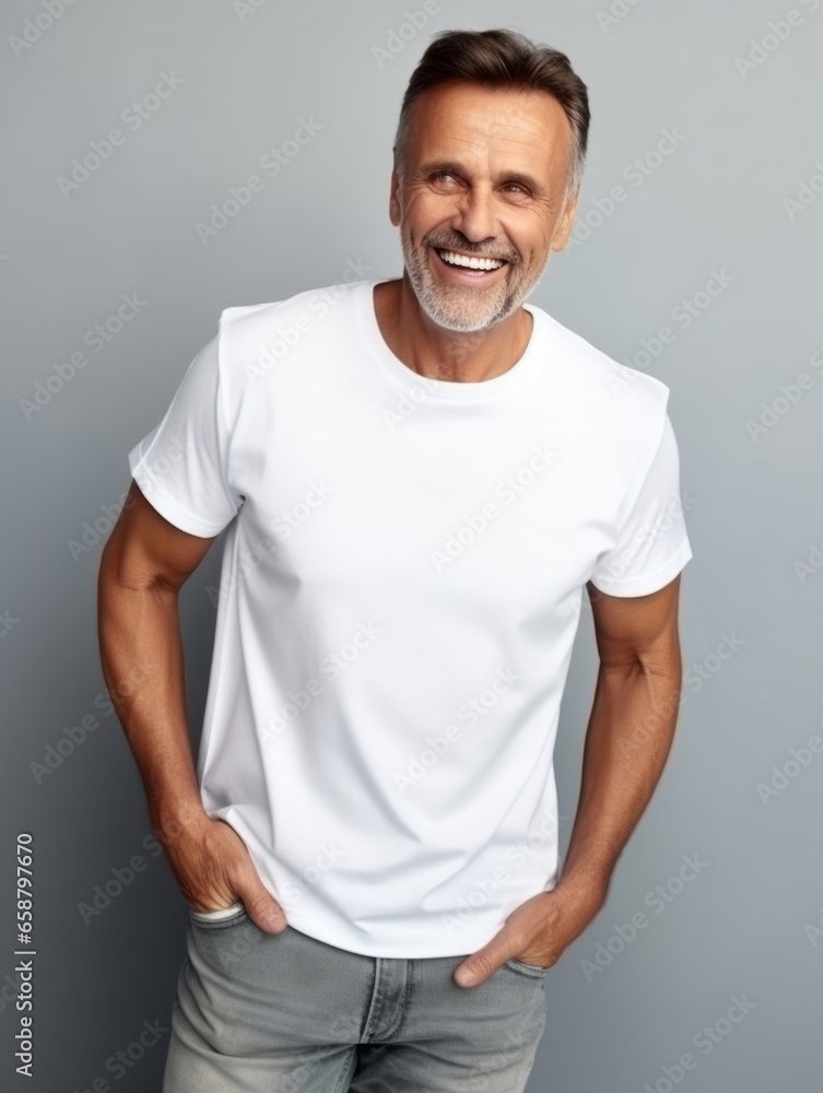 Obraz premium Happy european man in casual clothing against a neutral background