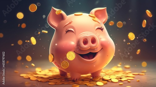 Savings concept. Piggy bank and money. Piggy bank with falling coins