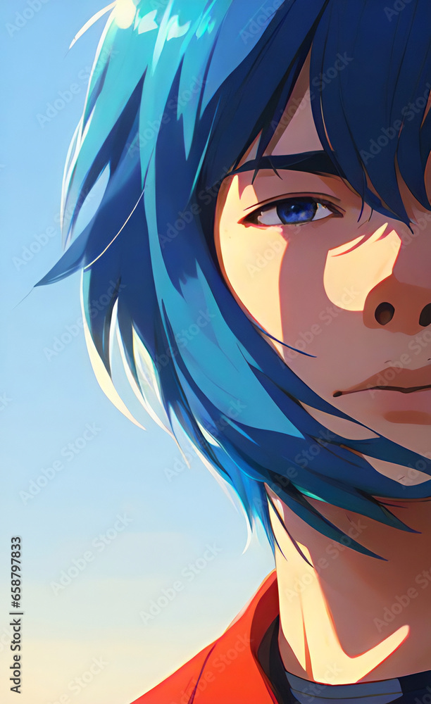 Naklejka premium a confident and charismatic anime boy with spiky blue hair. Anime male man, manga style, anime character style. Anime Avatar Young Man Online Identity Profile Virtual Gaming.