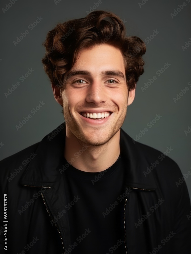 Obraz premium Happy european man in casual clothing against a neutral background