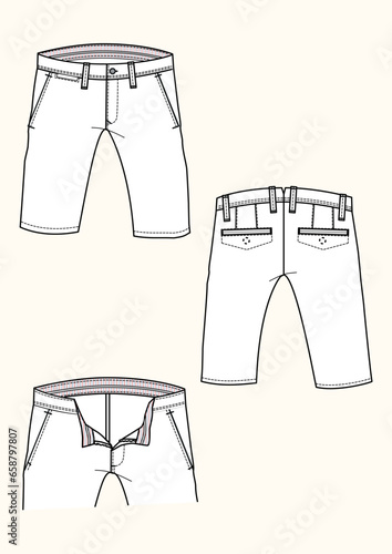 Man Short trousers with double welt pockets flat sketch fashion illustration with front inside and back view. Drawing vector template mock up