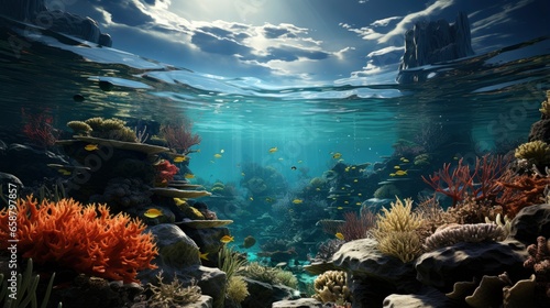 Underwater Scene - Tropical Seabed With Reef And Sunshine.