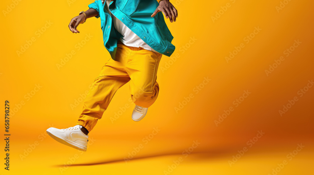Creative modern hip hop dance banner template for adults, cropped image of dancing person on flat yellow background with copy space.  - obrazy, fototapety, plakaty 