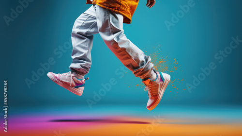 Creative modern hip hop dance banner template for adults, cropped image of dancing person on flat background with copy space. 