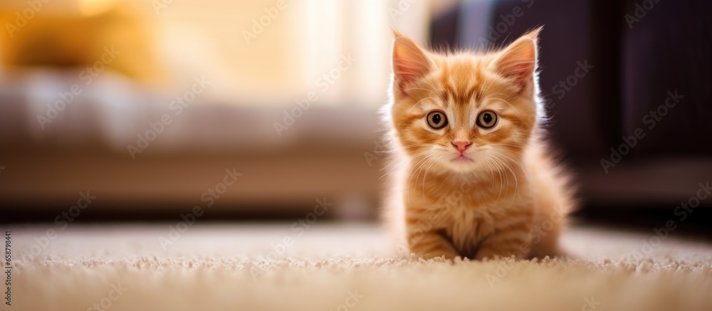 Adorable cat in living room on carpet