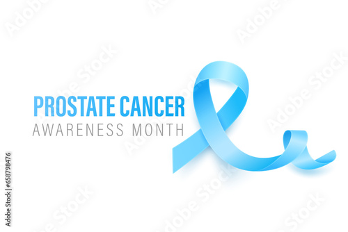 Prostate Cancer Banner, Card, Placard with Vector 3d Realistic Blue Ribbon on White Background. Prostate Cancer Awareness Month Symbol Closeup, September. World Prostate Cancer Day Concept
